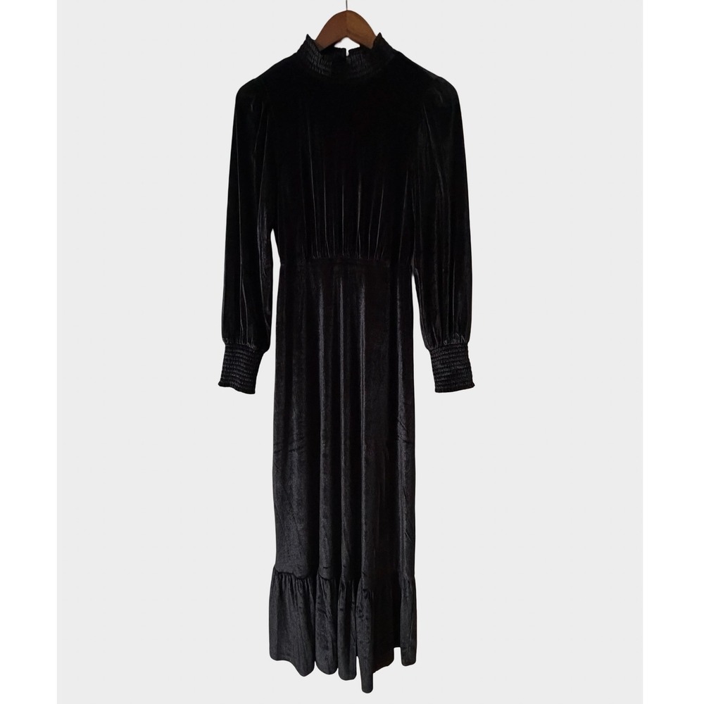 Baltic Born Black Velvet Maxi Dress Mock Neck Smocked Cuff Small Gothic Witchy - Picture 2 of 10